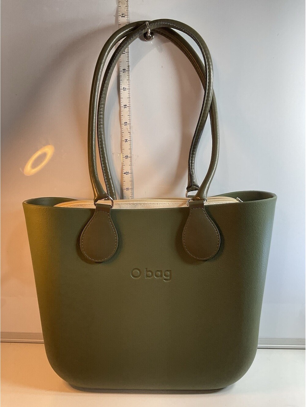 O Bag Italy Olive Green Tote Removable Handles And Canvas Liner NWT Dustbag